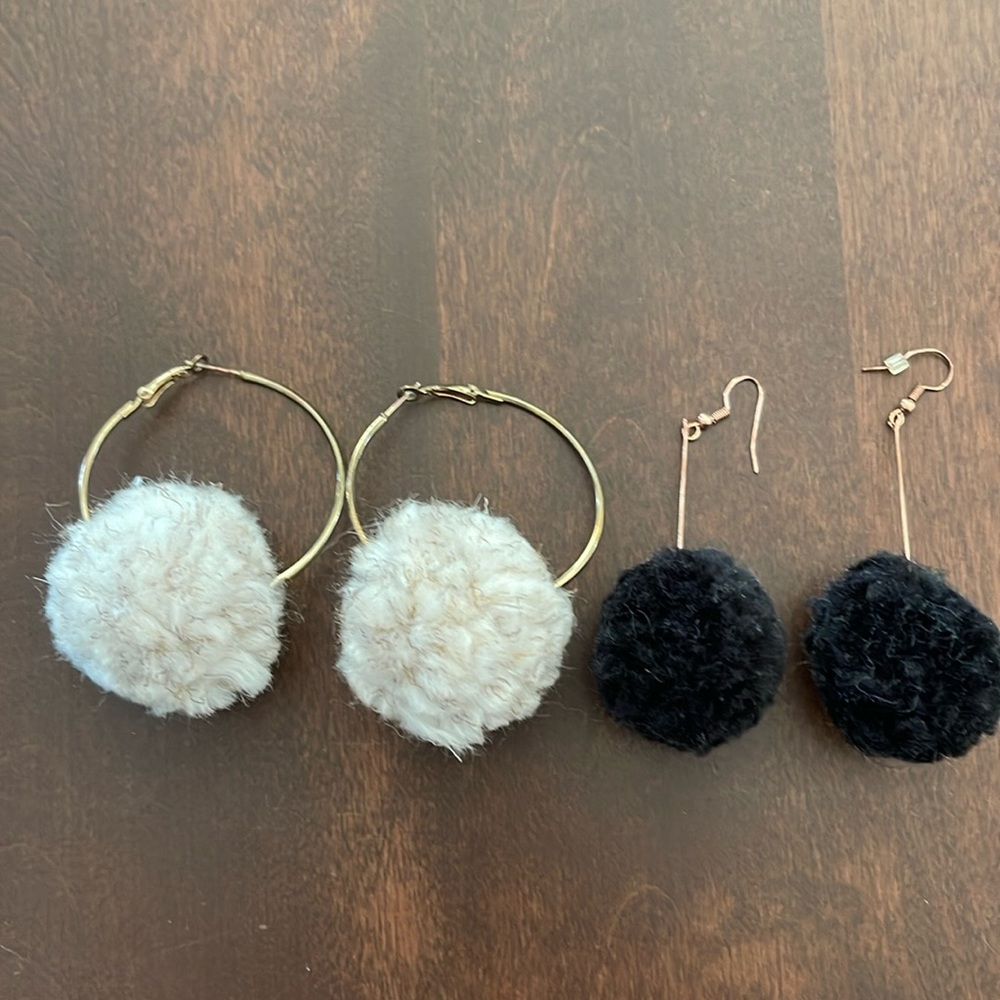 Set of 2 Pairs of Gold-Tone Fluffy Pom Pom Statement Earrings New